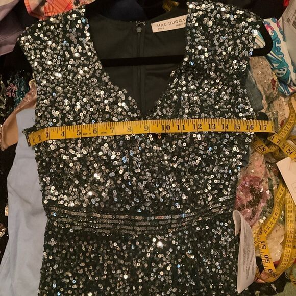 Mac Duggal 5489  Womens Green Cap SLEEVE SEQUINED HIGH SLIT GOWN - Picture 14 of 15